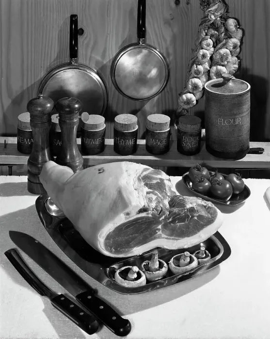 Framed Print : Danish Bacon gammon joint with spice jars, 1963. Artist: Michael Walters Framed Print : Danish Bacon gammon joint with spice jars, 1963. Artist: Michael Walters