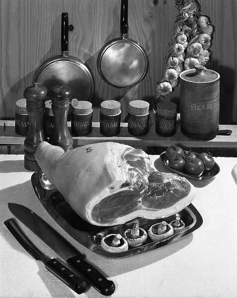 Danish Bacon gammon joint with spice jars, 1963. Artist: Michael Walters