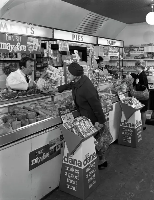 Framed Print : Danish Bacon May Fare shop display, Wath upon Dearne, South Yorkshire, 1964. Artist Framed Print : Danish Bacon May Fare shop display, Wath upon Dearne, South Yorkshire, 1964. Artist