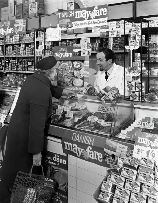 Framed Print : Danish Bacon May Fare shop display, Wath upon Dearne, South Yorkshire, 1964. Artist