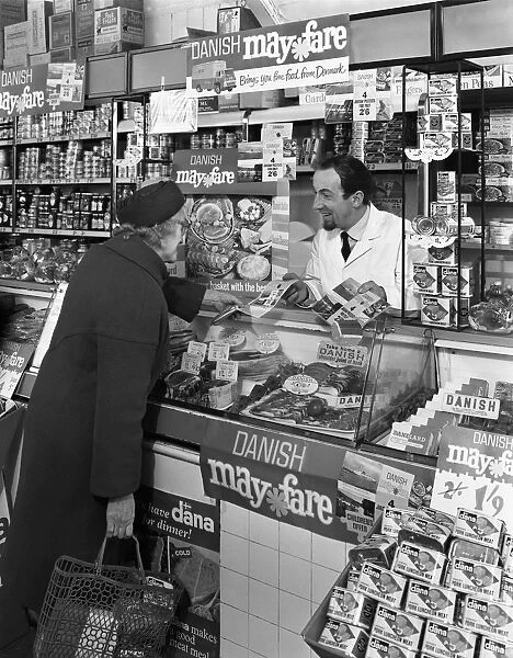 Danish Bacon May Fare shop display, Wath upon Dearne, South Yorkshire, 1964. Artist