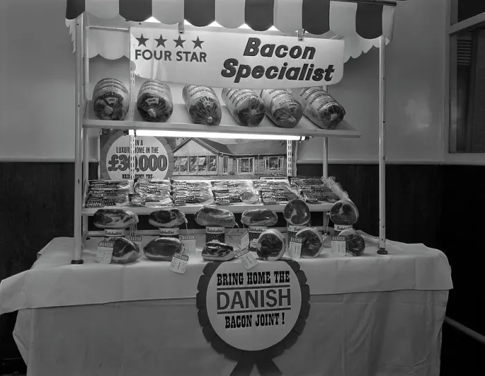Framed Print : Danish Bacon pre packed meat display, Kilnhurst, South Yorkshire, 1963 Framed Print : Danish Bacon pre packed meat display, Kilnhurst, South Yorkshire, 1963