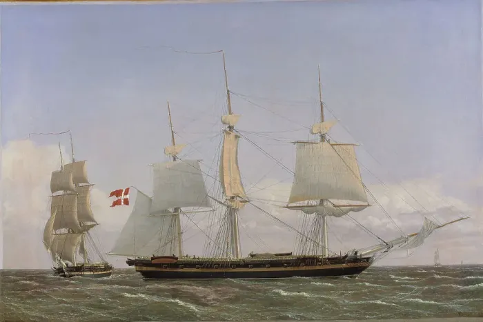 Framed Print : A Danish Corvette Laying to in order to Confer with a Danish Brig... 1827. Creator: CW Eckersberg Framed Print : A Danish Corvette Laying to in order to Confer with a Danish Brig... 1827. Creator: CW Eckersberg