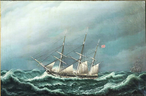 Two Danish frigates signalling to each other in a storm, 1833. Creator: Jacob Petersen