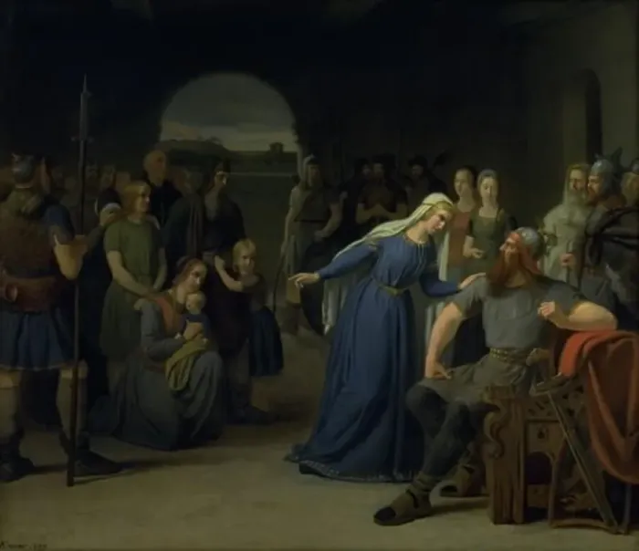 Framed Print : The Danish Queen Thyra Danebod Trying to Soften the Heart of her Husband, Gorm the Old... 1849. Creator: Julius Exner Framed Print : The Danish Queen Thyra Danebod Trying to Soften the Heart of her Husband, Gorm the Old... 1849. Creator: Julius Exner