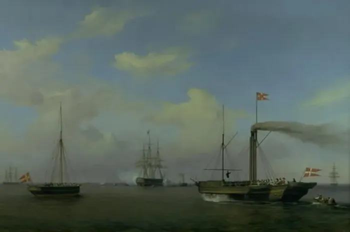 Framed Print : The Danish squadron at anchor at Warnemünde rhed, 1842. Creator: Friedrich Theodore Kloss Framed Print : The Danish squadron at anchor at Warnemünde rhed, 1842. Creator: Friedrich Theodore Kloss