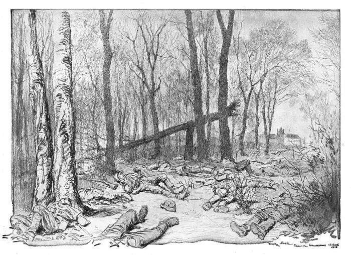 Framed Print : Dans la Bataille; cadavres de soldats allemands de la 1st division de la Garde, dans le... 1918. Creator: Georges Bertin Scott Framed Print : Dans la Bataille; cadavres de soldats allemands de la 1st division de la Garde, dans le... 1918. Creator: Georges Bertin Scott