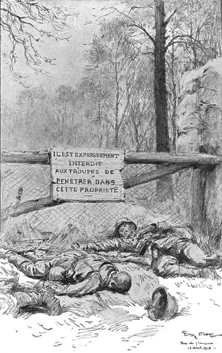 Framed Print : Dans la Bataille; Ecriteau dispose pour proteger une breche au mur du parc, quand... 1918. Creator: Georges Bertin Scott Framed Print : Dans la Bataille; Ecriteau dispose pour proteger une breche au mur du parc, quand... 1918. Creator: Georges Bertin Scott