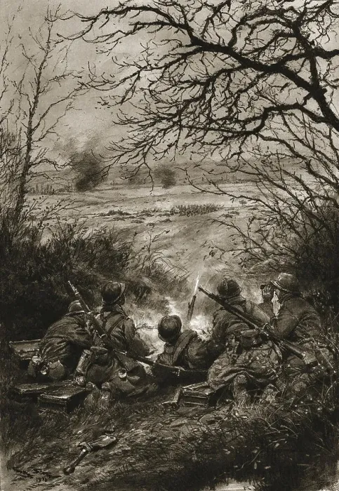 Framed Print : Dans la Bataille; Les troupes d'assaut allmandes, avancant en terrain decouvert, sont.... Creator: Unknown Framed Print : Dans la Bataille; Les troupes d'assaut allmandes, avancant en terrain decouvert, sont.... Creator: Unknown