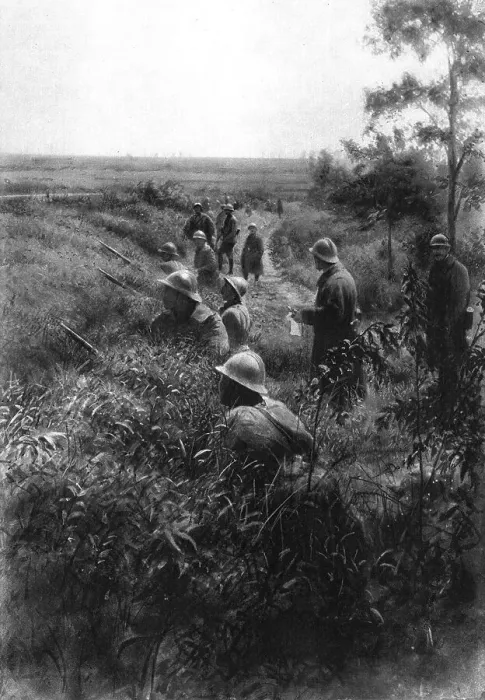 Framed Print : Dans la Bataille; Ligne de resistance formee dans un chemin creux, au Nord de la foret... 1918. Creator: Unknown Framed Print : Dans la Bataille; Ligne de resistance formee dans un chemin creux, au Nord de la foret... 1918. Creator: Unknown