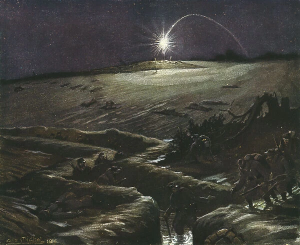 'Dans La Tranchee; Tranchees de Noulette, la fusee eclairante, 1915. Creator: G Michel
