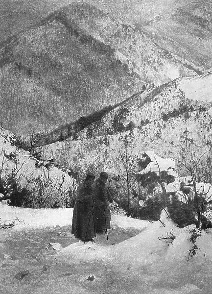 Dans le sentier de l'exil; Soutenu par son aide de camp, le roi Pierre de Serbie traverse... 1916. Creator: R. Marianovitch