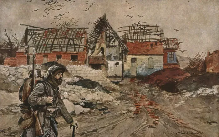 Framed Print : Dans les ruines d'Ablain-Saint-Nazaire, 1915 (1924). Creator: Francois Flameng Framed Print : Dans les ruines d'Ablain-Saint-Nazaire, 1915 (1924). Creator: Francois Flameng