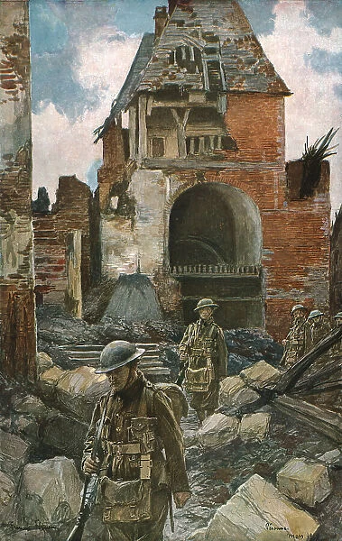 Dans les villes liberees (mars 1917); Soldats anglais dans les vieux remparts de Peronne, 1917. Creator: Francois Flameng