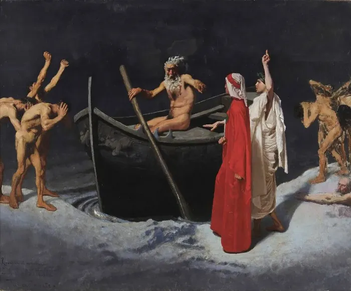 Framed Print : Dante and Virgil in front of Charon's Boat, 1874. Creator: Vetri, Paolo (1855-1937) Framed Print : Dante and Virgil in front of Charon's Boat, 1874. Creator: Vetri, Paolo (1855-1937)