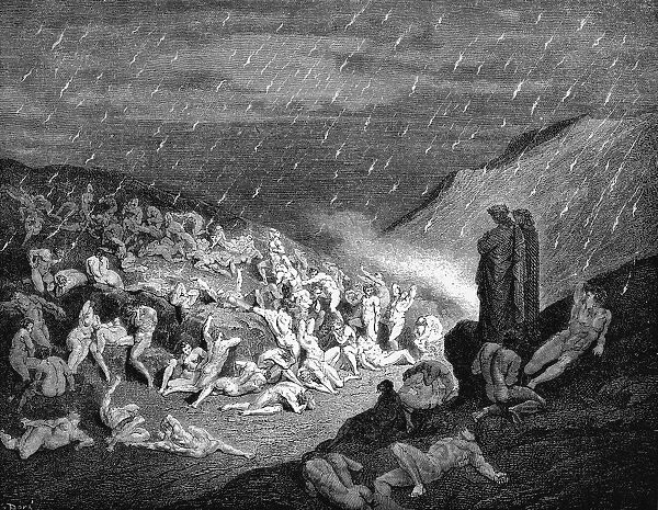 Dante and Virgil looking down upon souls in torment in the inferno, 1863. Artist: Gustave Dore
