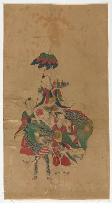 Framed Print : Daoist Immortal on a Kilin and Two Attendants, late 1800s. Creator: Unknown Framed Print : Daoist Immortal on a Kilin and Two Attendants, late 1800s. Creator: Unknown