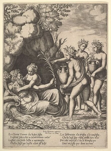 Daphne embracing her father, the river-god Peneus, at the left three nymphs bring jars