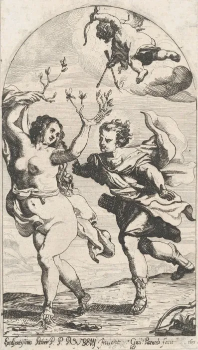 Framed Print : Daphne fleeing from Apollo, with Cupid overhead, 1631. Creator: Willem Panneels Framed Print : Daphne fleeing from Apollo, with Cupid overhead, 1631. Creator: Willem Panneels