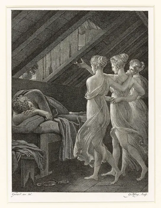Framed Print : Daphnis dreams about three nymphs, 1800. Creator: Godefroy, Jean (1771-1839) Framed Print : Daphnis dreams about three nymphs, 1800. Creator: Godefroy, Jean (1771-1839)