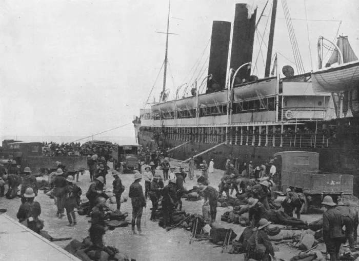 Framed Print : The Dardanelles Expeditionary Force sets out: A transport loading up at Alexandria, 1915 Framed Print : The Dardanelles Expeditionary Force sets out: A transport loading up at Alexandria, 1915
