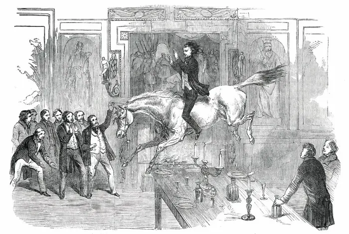 Framed Print : Daring Leap in the Dining-Room of the White Hart Hotel, Aylesbury, 1850. Creator: Unknown Framed Print : Daring Leap in the Dining-Room of the White Hart Hotel, Aylesbury, 1850. Creator: Unknown