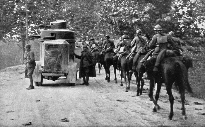Framed Print : The Dark Hours of Italy; Armored car and cavalry protecting the retreat of a column.. 1917. Creator: Unknown Framed Print : The Dark Hours of Italy; Armored car and cavalry protecting the retreat of a column.. 1917. Creator: Unknown
