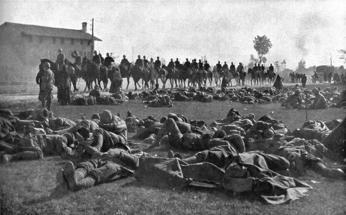 Framed Print : The Dark Hours of Italy; Detachment of infantry, exhausted, resting under protection... 1917. Creator: Unknown Framed Print : The Dark Hours of Italy; Detachment of infantry, exhausted, resting under protection... 1917. Creator: Unknown