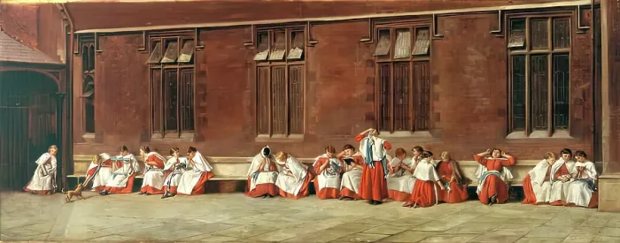 Framed Print : Darning Day - The Red Maids of Bristol, 1876. Creator: Eyre Crowe Framed Print : Darning Day - The Red Maids of Bristol, 1876. Creator: Eyre Crowe