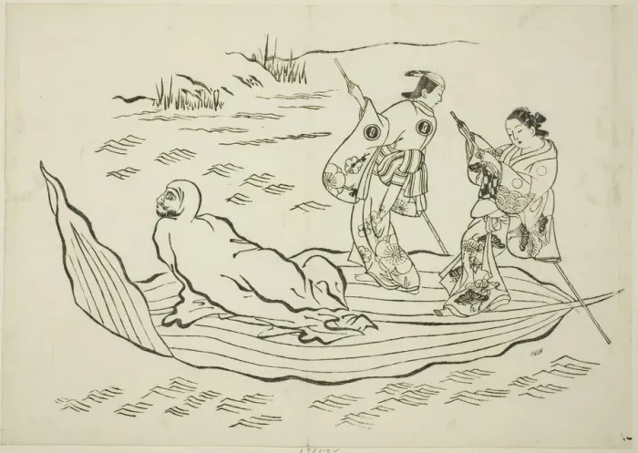 Framed Print : Daruma crossing the sea on a leaf, no. 7 from a series of 12 prints, c. 1708 Framed Print : Daruma crossing the sea on a leaf, no. 7 from a series of 12 prints, c. 1708