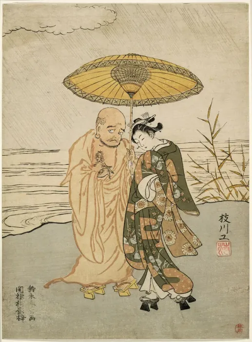 Framed Print : Daruma and a young woman in the rain, 1765. Creator: Suzuki Harunobu Framed Print : Daruma and a young woman in the rain, 1765. Creator: Suzuki Harunobu