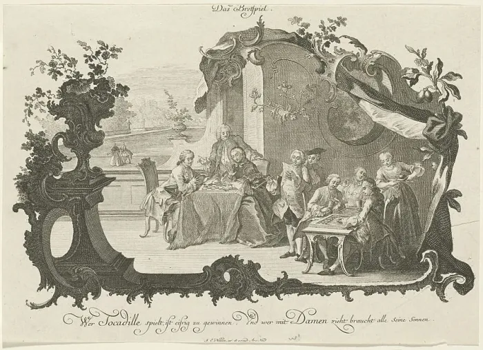 Framed Print : Das Bretspiel (Ladies and Gentlemen Playing Board Games), 1756. Creator: Johann Esaias Nilson Framed Print : Das Bretspiel (Ladies and Gentlemen Playing Board Games), 1756. Creator: Johann Esaias Nilson