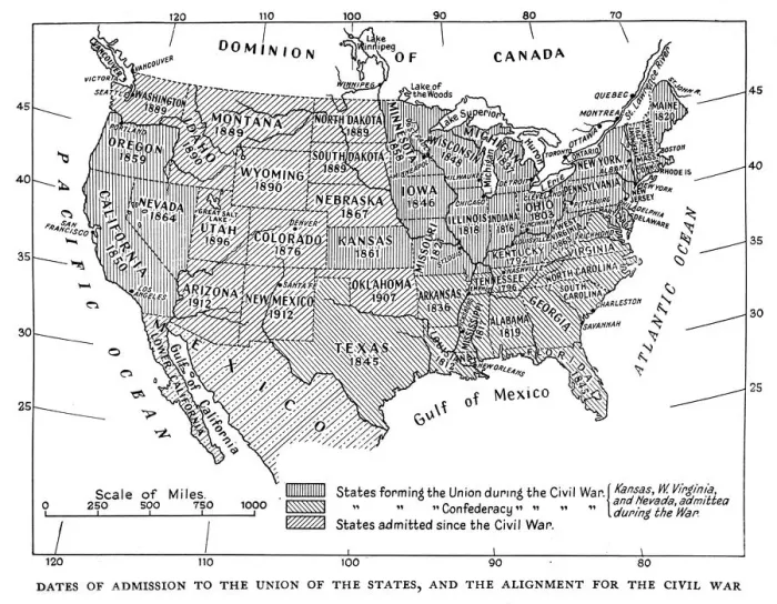 Framed Print : Dates of admission to the Union of the States, and the alignment for the civil war, 1933 Framed Print : Dates of admission to the Union of the States, and the alignment for the civil war, 1933