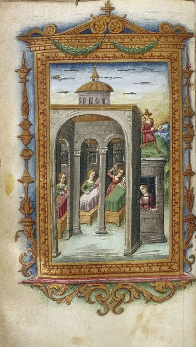 Framed Print : Daughters of Danaus murdering their husbands. Hypermnestra in prison (Illustration for The Heroides by Ovid), 1485-1499. Artist: Majorana, Cristoforo (active ca. 1480-1494) Framed Print : Daughters of Danaus murdering their husbands. Hypermnestra in prison (Illustration for The Heroides by Ovid), 1485-1499. Artist: Majorana, Cristoforo (active ca. 1480-1494)