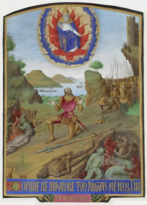 Framed Print : David, in armour, kneeling in penitence before the Almighty with his army, c1452-1460. Creator: Unknown Framed Print : David, in armour, kneeling in penitence before the Almighty with his army, c1452-1460. Creator: Unknown