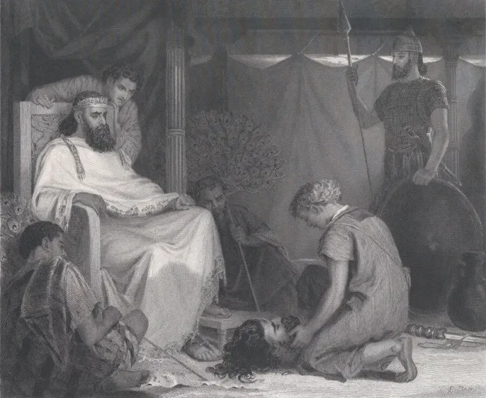 Framed Print : David Brought Before Saul, from The Art Journal, opposite p. 100, April 1871 Framed Print : David Brought Before Saul, from The Art Journal, opposite p. 100, April 1871
