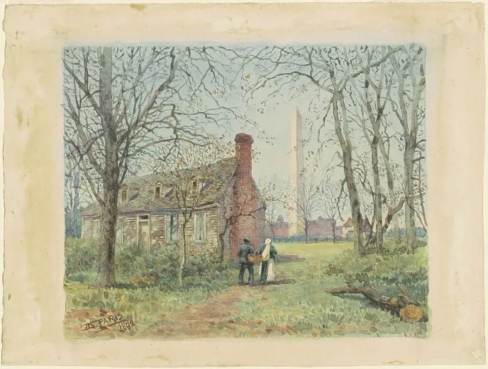 Framed Print : David Burns's Cottage and the Washington Monument, 1892. Creator: Walter Paris Framed Print : David Burns's Cottage and the Washington Monument, 1892. Creator: Walter Paris