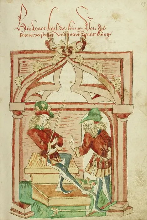 Framed Print : David Enthroned and Saul Departing; Barlaam und Josaphat, 1469. Creators: Hans Schilling, Diebolt Lauber Framed Print : David Enthroned and Saul Departing; Barlaam und Josaphat, 1469. Creators: Hans Schilling, Diebolt Lauber