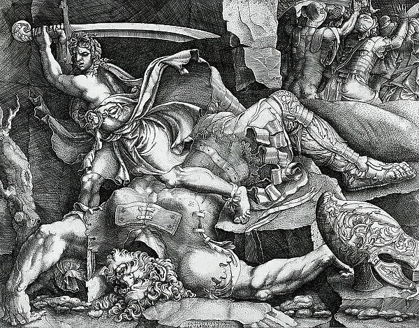 David and Goliath, 1540. Creator: Giovanni Battista Scultori