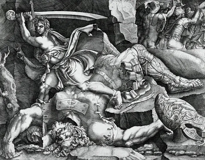 Framed Print : David and Goliath, 1540. Creator: Giovanni Battista Scultori Framed Print : David and Goliath, 1540. Creator: Giovanni Battista Scultori