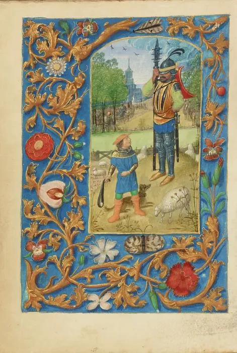 Framed Print : David and Goliath; Crohin-La Fontaine Hours, about 1480-1485 ?. Creator: Master of the Dresden Prayer Book or workshop (Flemish, active about 1480 - 1515) Framed Print : David and Goliath; Crohin-La Fontaine Hours, about 1480-1485 ?. Creator: Master of the Dresden Prayer Book or workshop (Flemish, active about 1480 - 1515)