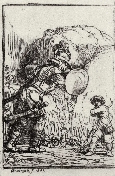 Framed Print : David and Goliath. Illustration for Piedra gloriosa by Menasseh ben Israel. Artist: Rembrandt van Rhijn (1606-1669) Framed Print : David and Goliath. Illustration for Piedra gloriosa by Menasseh ben Israel. Artist: Rembrandt van Rhijn (1606-1669)