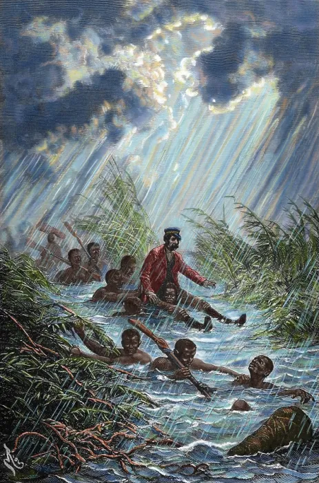 Framed Print : David Livingstone is carried through a swamp during his expedition to Africa in 1872. Creator: Charles Laplante Framed Print : David Livingstone is carried through a swamp during his expedition to Africa in 1872. Creator: Charles Laplante