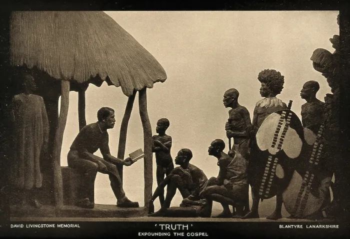 Framed Print : David Livingstone memorial in Blantyre; Livingstone reading the Bible... c19th century. Creator: Unknown Framed Print : David Livingstone memorial in Blantyre; Livingstone reading the Bible... c19th century. Creator: Unknown