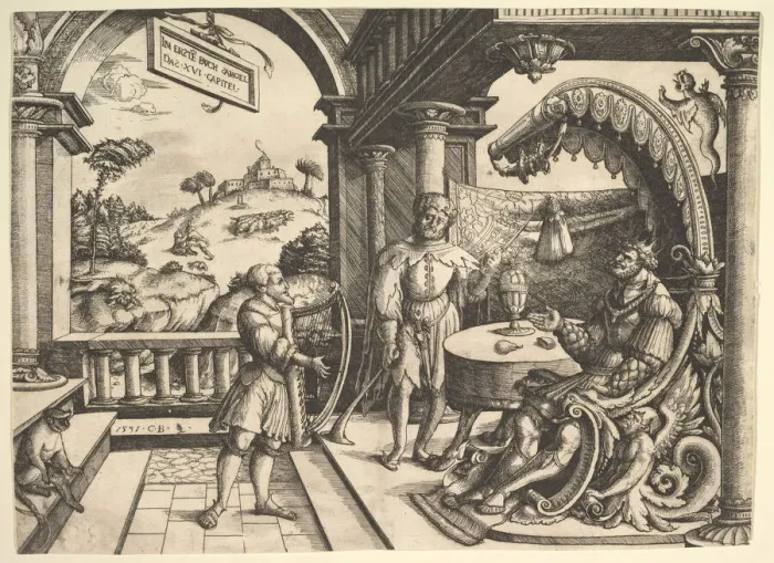 Framed Print : David playing the harp before Saul, 1531. Creator: Christoph Bockstorffer Framed Print : David playing the harp before Saul, 1531. Creator: Christoph Bockstorffer