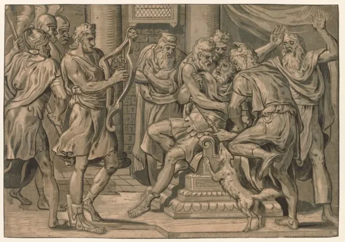 Framed Print : David Playing the Harp before Saul, 1555. Creator: Frans Floris (Dutch, 1519-1570) Framed Print : David Playing the Harp before Saul, 1555. Creator: Frans Floris (Dutch, 1519-1570)