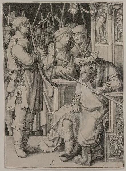 David Playing the Harp before Saul, c. 1508. Creator: Lucas van Leyden (Dutch, 1494-1533)