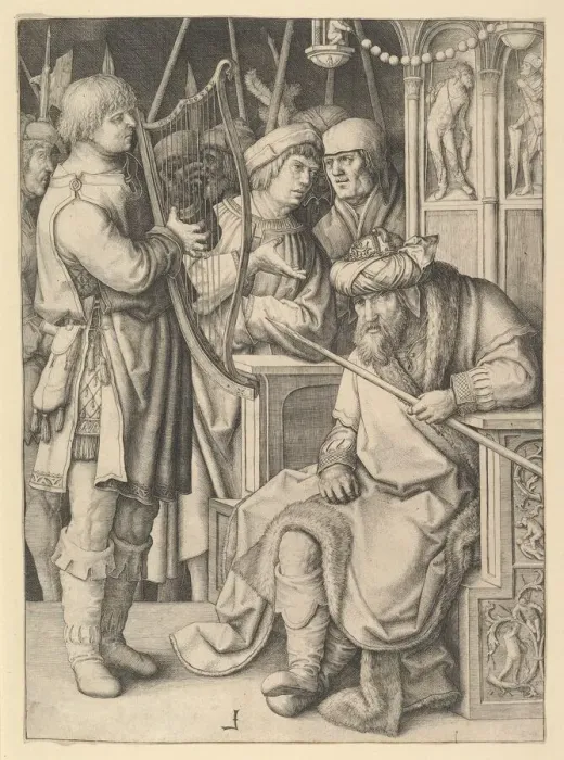 Framed Print : David Playing the Harp Before Saul, ca. 1508. Creator: Lucas van Leyden Framed Print : David Playing the Harp Before Saul, ca. 1508. Creator: Lucas van Leyden