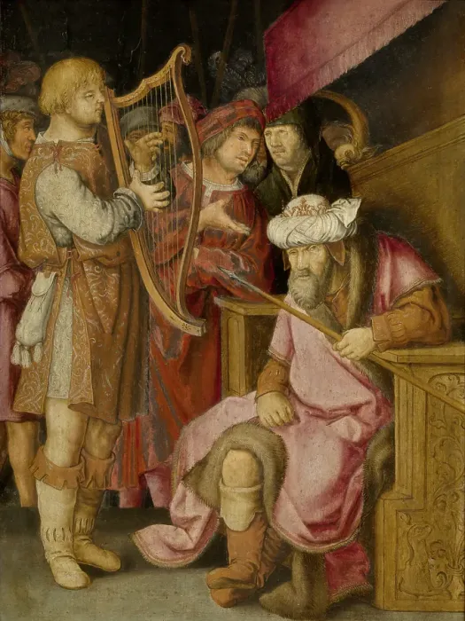 Framed Print : David Playing his Harp for Saul. Creator: Lucas van Leyden Framed Print : David Playing his Harp for Saul. Creator: Lucas van Leyden