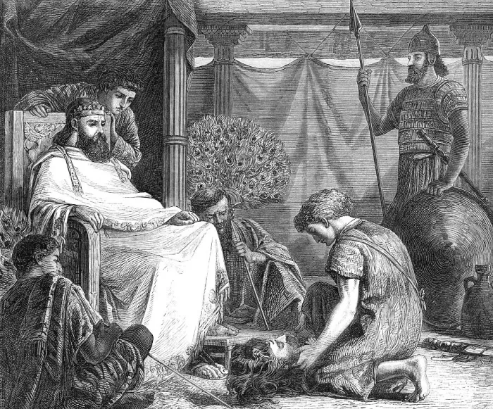 Framed Print : David Showing The Head Of Goliath To Saul (RA Gold Medal Painting), by Miss Louisa Starr, 1868. Creator: Unknown Framed Print : David Showing The Head Of Goliath To Saul (RA Gold Medal Painting), by Miss Louisa Starr, 1868. Creator: Unknown